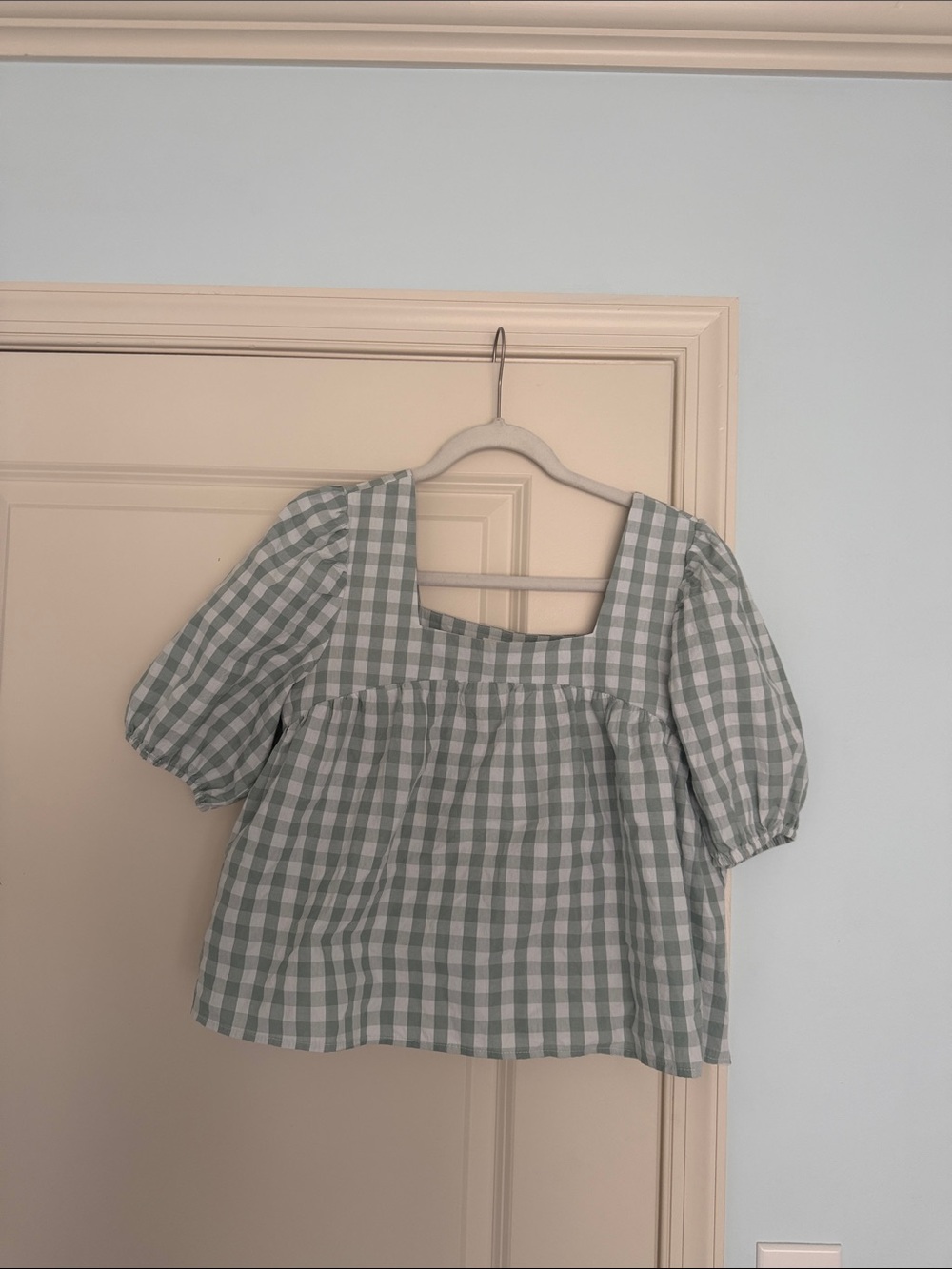 Gingham Square-Neck Babydoll Blouse in Sage
